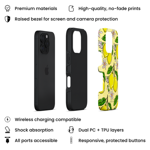 Lemony tough phone case featuring bright yellow lemons with green leaves and white-pink citrus flowers on a soft lemon background, layers view on iPhone