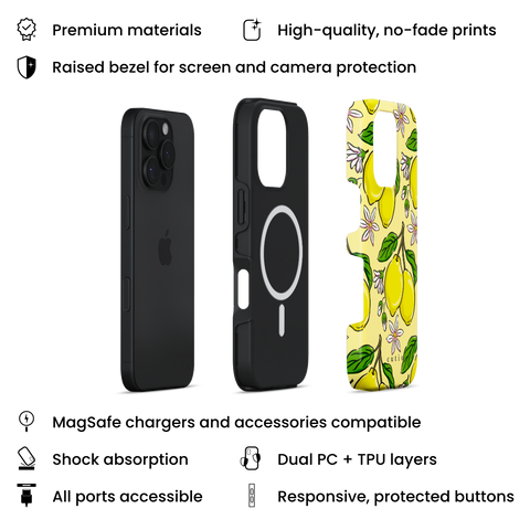 Lemony MagSafe phone case featuring bright yellow lemons with green leaves and white-pink citrus flowers on a soft lemon background, layers view on iPhone