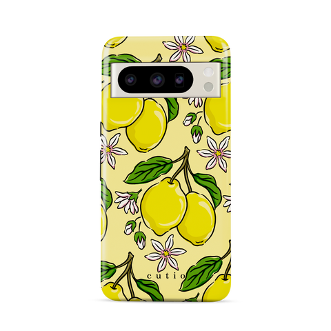 Lemony tough phone case featuring bright yellow lemons with green leaves and white-pink citrus flowers on a soft lemon background, front view on Google Pixel phone