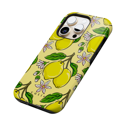 Lemony tough phone case featuring bright yellow lemons with green leaves and white-pink citrus flowers on a soft lemon background, side view on iPhone