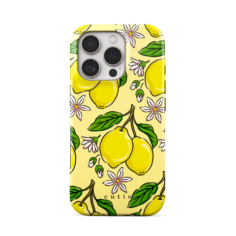 Lemony tough phone case featuring bright yellow lemons with green leaves and white-pink citrus flowers on a soft lemon background, front view on iPhone
