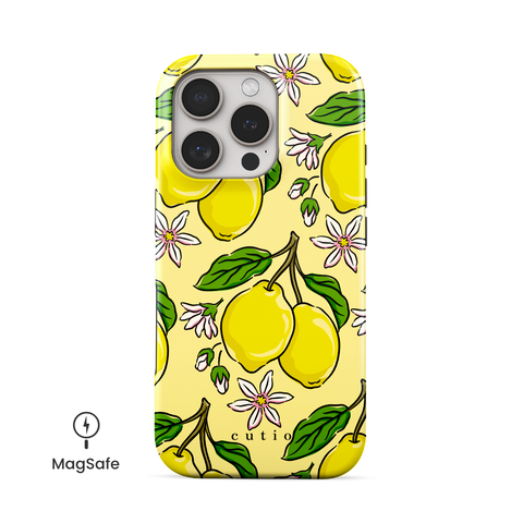 Lemony MagSafe phone case featuring bright yellow lemons with green leaves and white-pink citrus flowers on a soft lemon background, front view on iPhone