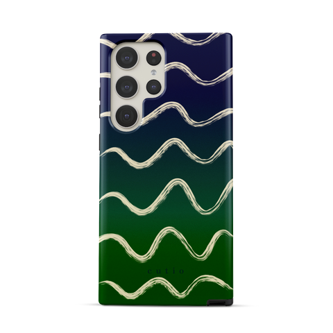 Night Swim tough phone case featuring flowy beige lines sweeping over a moody gradient from navy blue to deep green, front view on Samsung Galaxy phone