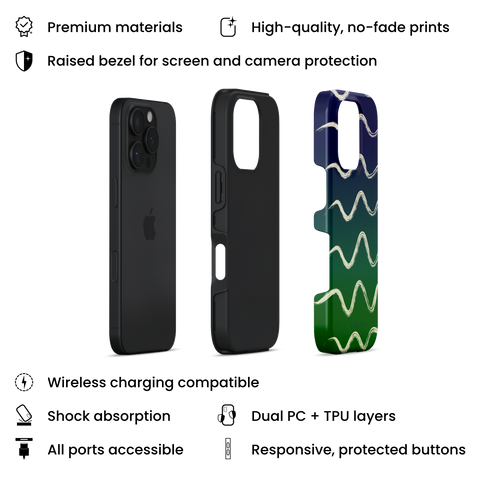 Night Swim tough phone case featuring flowy beige lines sweeping over a moody gradient from navy blue to deep green, layers view on iPhone