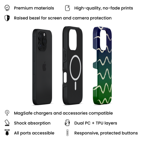 Night Swim MagSafe phone case featuring flowy beige lines sweeping over a moody gradient from navy blue to deep green, layers view on iPhone