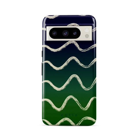 Night Swim tough phone case featuring flowy beige lines sweeping over a moody gradient from navy blue to deep green, front view on Google Pixel phone