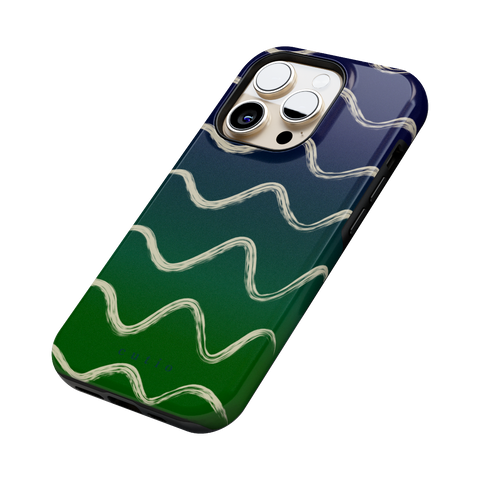 Night Swim tough phone case featuring flowy beige lines sweeping over a moody gradient from navy blue to deep green, side view on iPhone