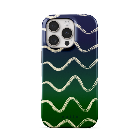 Night Swim tough phone case featuring flowy beige lines sweeping over a moody gradient from navy blue to deep green, front view on iPhone