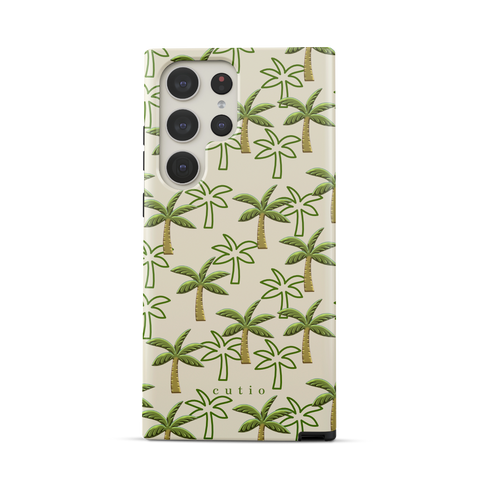 Palm Grove tough phone case featuring pattern of green palm trees on a warm beige background, front view on Samsung Galaxy phone