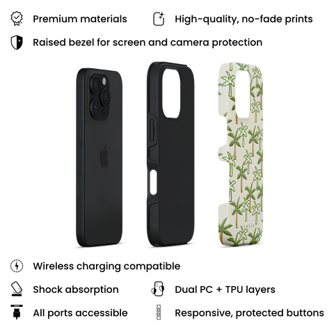 Palm Grove tough phone case featuring pattern of green palm trees on a warm beige background, layers view on iPhone