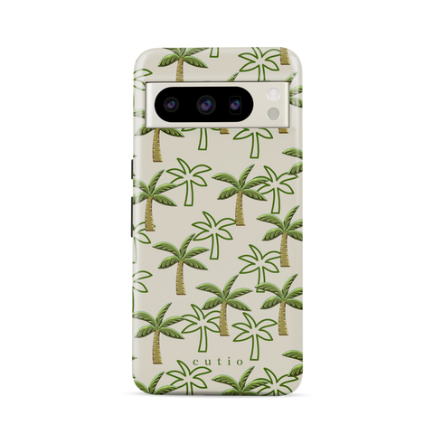 Palm Grove tough phone case featuring pattern of green palm trees on a warm beige background, front view on Google Pixel phone