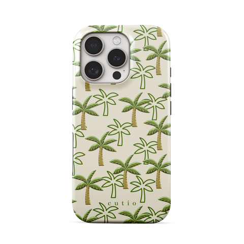 Palm Grove tough phone case featuring pattern of green palm trees on a warm beige background, front view on iPhone