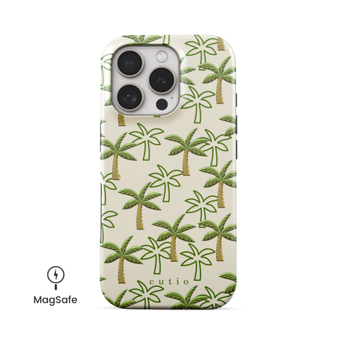 Palm Grove MagSafe phone case featuring pattern of green palm trees on a warm beige background, front view on iPhone