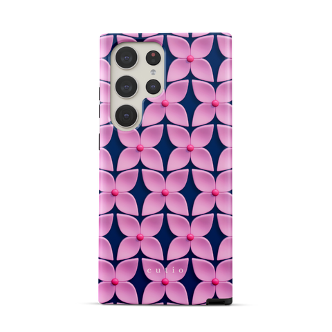 Pink Hydrangea tough phone case featuring abstract glossy pink hydrangea flower pattern with hot pink centers on a deep navy blue background, front view on Samsung Galaxy phone