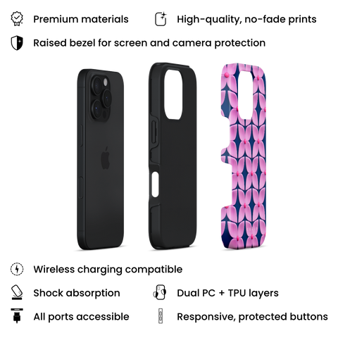 Pink Hydrangea tough phone case featuring abstract glossy pink hydrangea flower pattern with hot pink centers on a deep navy blue background, layers view on iPhone