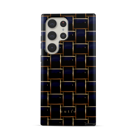 Posh Black tough phone case featuring elegant crisscross pattern in glossy black with gold trim details, front view on Samsung Galaxy phone
