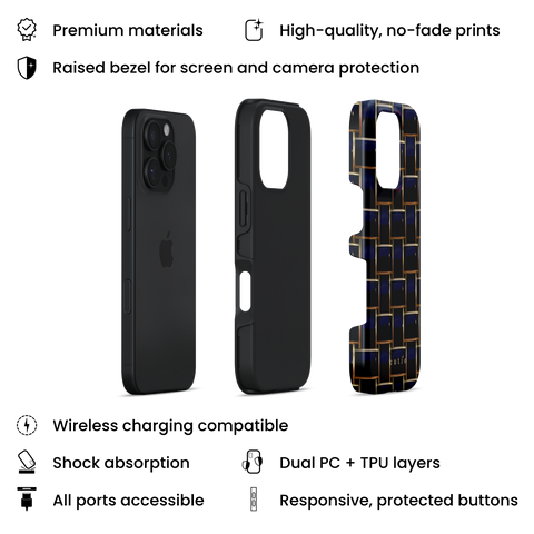 Posh Black tough phone case featuring elegant crisscross pattern in glossy black with gold trim details, layers view on iPhone