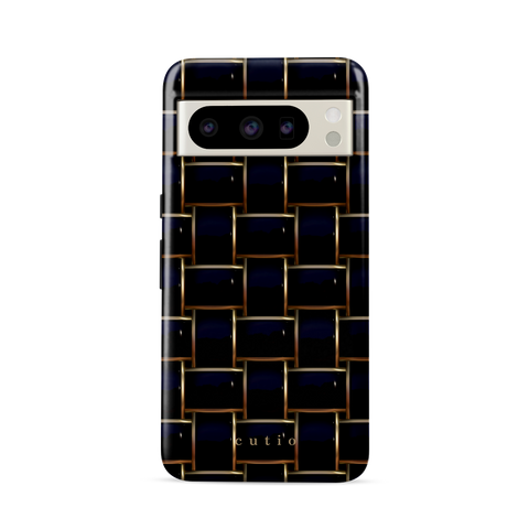 Posh Black tough phone case featuring elegant crisscross pattern in glossy black with gold trim details, front view on Google Pixel phone