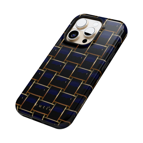 Posh Black tough phone case featuring elegant crisscross pattern in glossy black with gold trim details, side view on iPhone