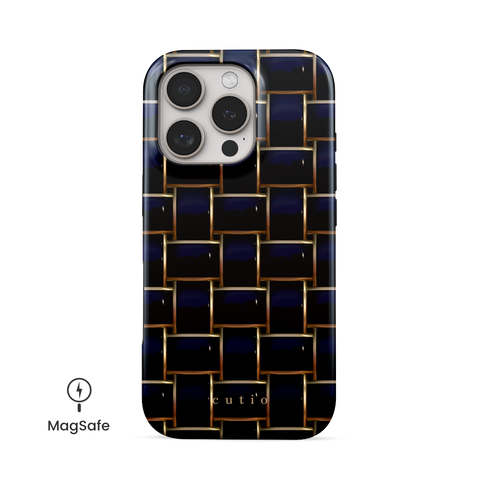 Posh Black MagSafe phone case featuring elegant crisscross pattern in glossy black with gold trim details, front view on iPhone