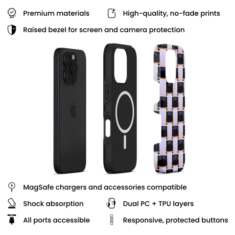 Posh Checker MagSafe phone case featuring elegant crisscross pattern in glossy black and white with gold trim details, layers view on iPhone