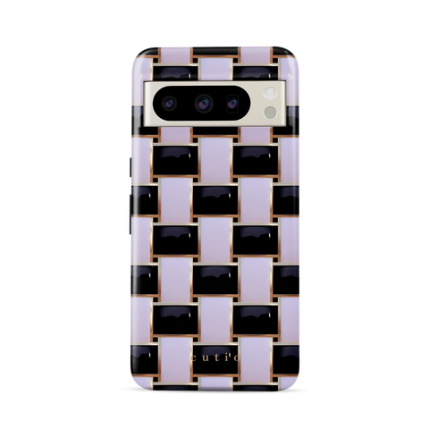 Posh Checker tough phone case featuring elegant crisscross pattern in glossy black and white with gold trim details, front view on Google Pixel phone