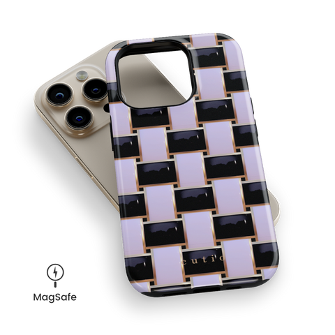 Posh Checker MagSafe phone case featuring elegant crisscross pattern in glossy black and white with gold trim details, top down view on iPhone