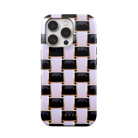 Posh Checker tough phone case featuring elegant crisscross pattern in glossy black and white with gold trim details, front view on iPhone