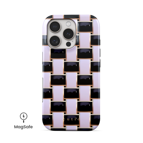 Posh Checker MagSafe phone case featuring elegant crisscross pattern in glossy black and white with gold trim details, front view on iPhone