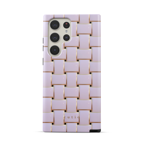 Posh White tough phone case featuring elegant crisscross pattern in glossy white with gold trim details, front view on Samsung Galaxy phone