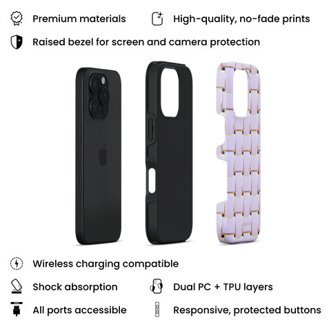 Posh White tough phone case featuring elegant crisscross pattern in glossy white with gold trim details, layers view on iPhone