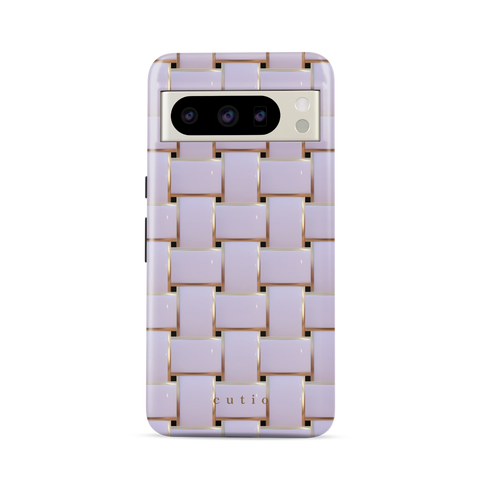 Posh White tough phone case featuring elegant crisscross pattern in glossy white with gold trim details, front view on Google Pixel phone