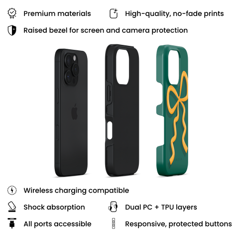 Present Moment - Green tough phone case featuring a glossy orange bow design on a rich green background, resembling a gift wrap ribbon, layers view on iPhone