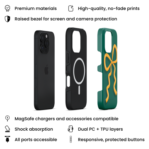 Present Moment - Green MagSafe phone case featuring a glossy orange bow design on a rich green background, resembling a gift wrap ribbon, layers view on iPhone