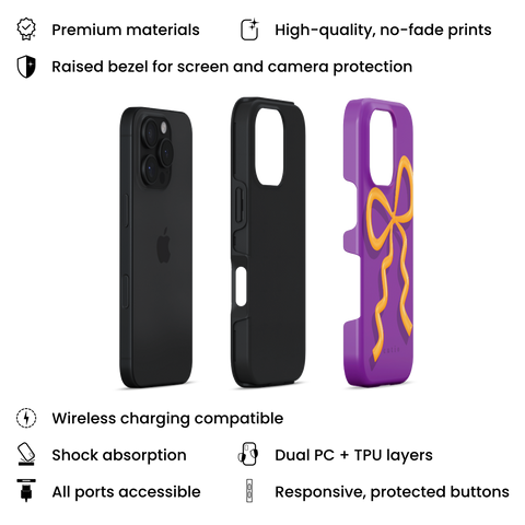 Present Moment - Purple tough phone case featuring a glossy orange bow design on a rich purple background, resembling a gift wrap ribbon, layers view on iPhone