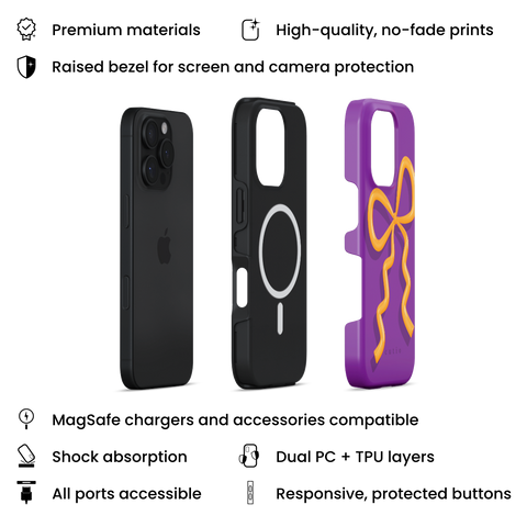 Present Moment - Purple MagSafe phone case featuring a glossy orange bow design on a rich purple background, resembling a gift wrap ribbon, layers view on iPhone