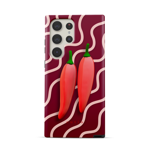 Red Hot Chillies tough phone case featuring bold red chillies on a burgundy background, front view on Samsung Galaxy phone