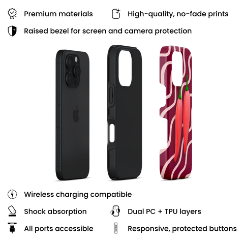 Red Hot Chillies tough phone case featuring bold red chillies on a burgundy background, layers view on iPhone
