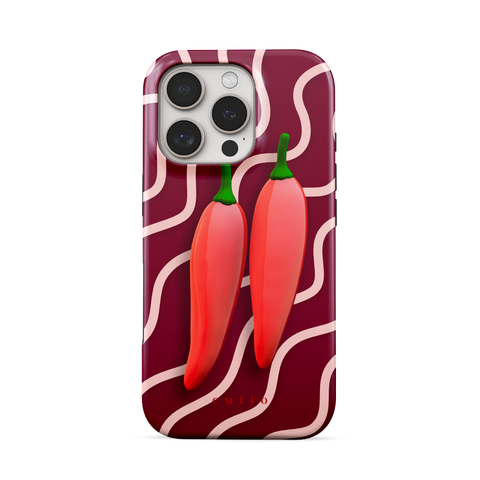 Red Hot Chillies tough phone case featuring bold red chillies on a burgundy background, front view on iPhone