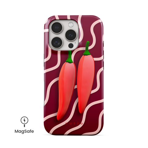 Red Hot Chillies MagSafe phone case featuring bold red chillies on a burgundy background, front view on iPhone