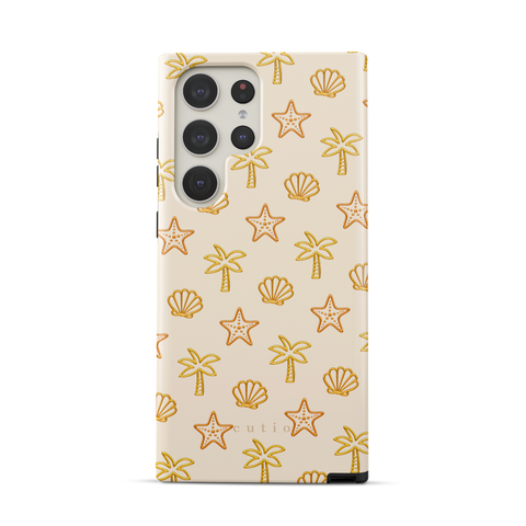 Sandy Beach tough phone case featuring glossy yellow palm trees, starfish, and seashells scattered over a warm, creamy beige background, front view on Samsung Galaxy phone