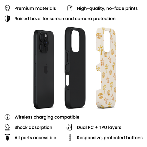 Sandy Beach tough phone case featuring glossy yellow palm trees, starfish, and seashells scattered over a warm, creamy beige background, layers view on iPhone