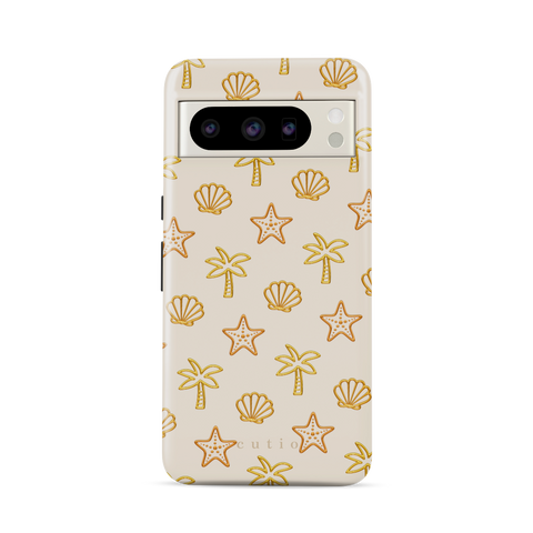Sandy Beach tough phone case featuring glossy yellow palm trees, starfish, and seashells scattered over a warm, creamy beige background, front view on Google Pixel phone