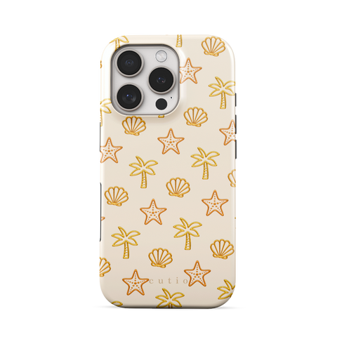 Sandy Beach tough phone case featuring glossy yellow palm trees, starfish, and seashells scattered over a warm, creamy beige background, front view on iPhone