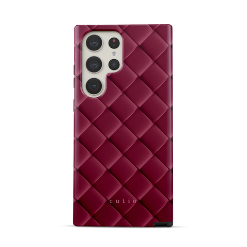 Satin Mulberry tough phone case featuring sleek crisscross pattern in deep satin mulberry, front view on Samsung Galaxy phone