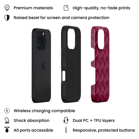 Satin Mulberry tough phone case featuring sleek crisscross pattern in deep satin mulberry, layers view on iPhone