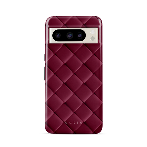 Satin Mulberry tough phone case featuring sleek crisscross pattern in deep satin mulberry, front view on Google Pixel phone