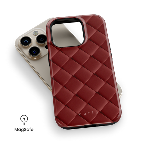 Satin Sienna MagSafe phone case featuring sleek crisscross pattern in dark satin sienna brown, top down view on iPhone