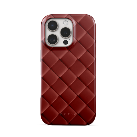 Satin Sienna tough phone case featuring sleek crisscross pattern in dark satin sienna brown, front view on iPhone
