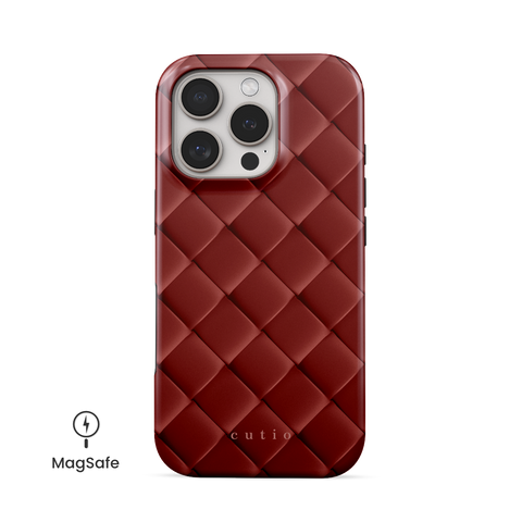 Satin Sienna MagSafe phone case featuring sleek crisscross pattern in dark satin sienna brown, front view on iPhone